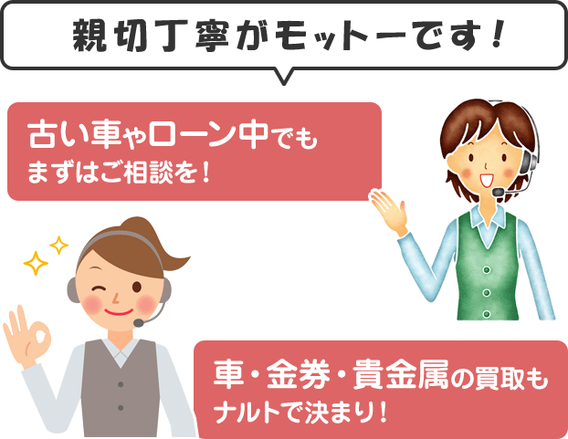 親切丁寧がモットーです！ 古い車やローン中でもまずはご相談を！ 車・金券・貴金属の買取もナルトで決まり！